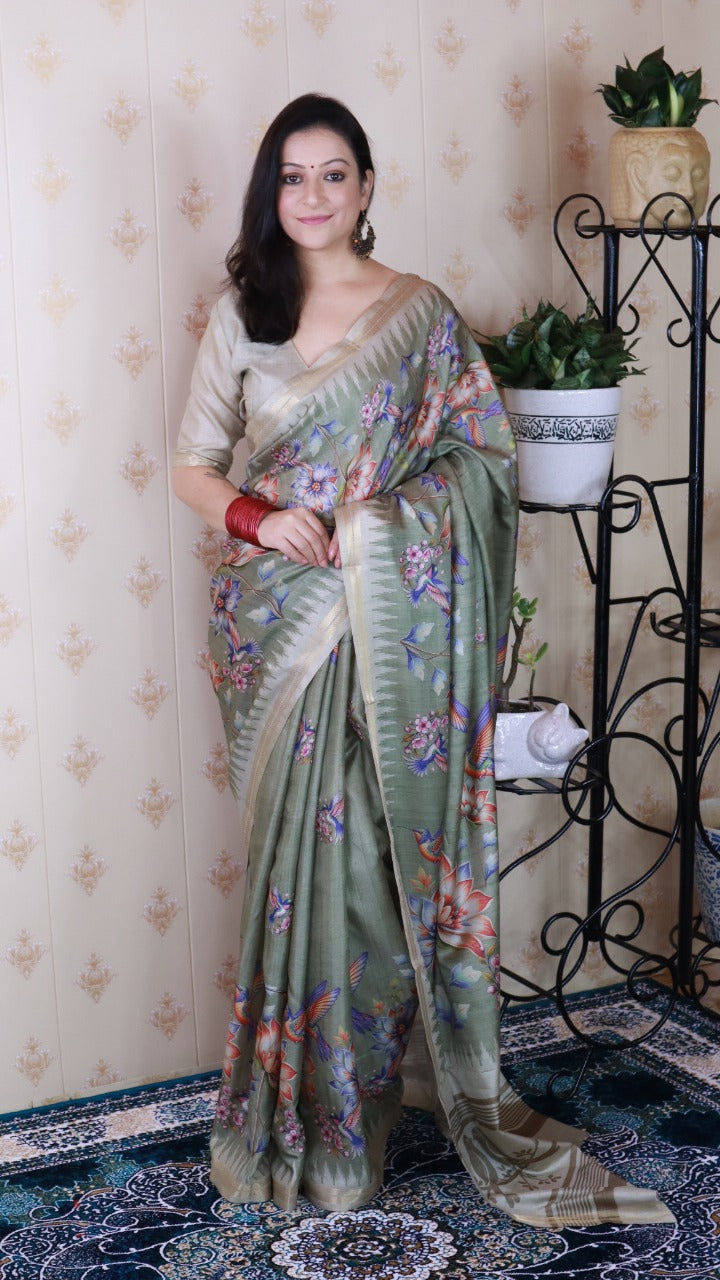 Sea Green Pure Soft Tussar Silk Saree