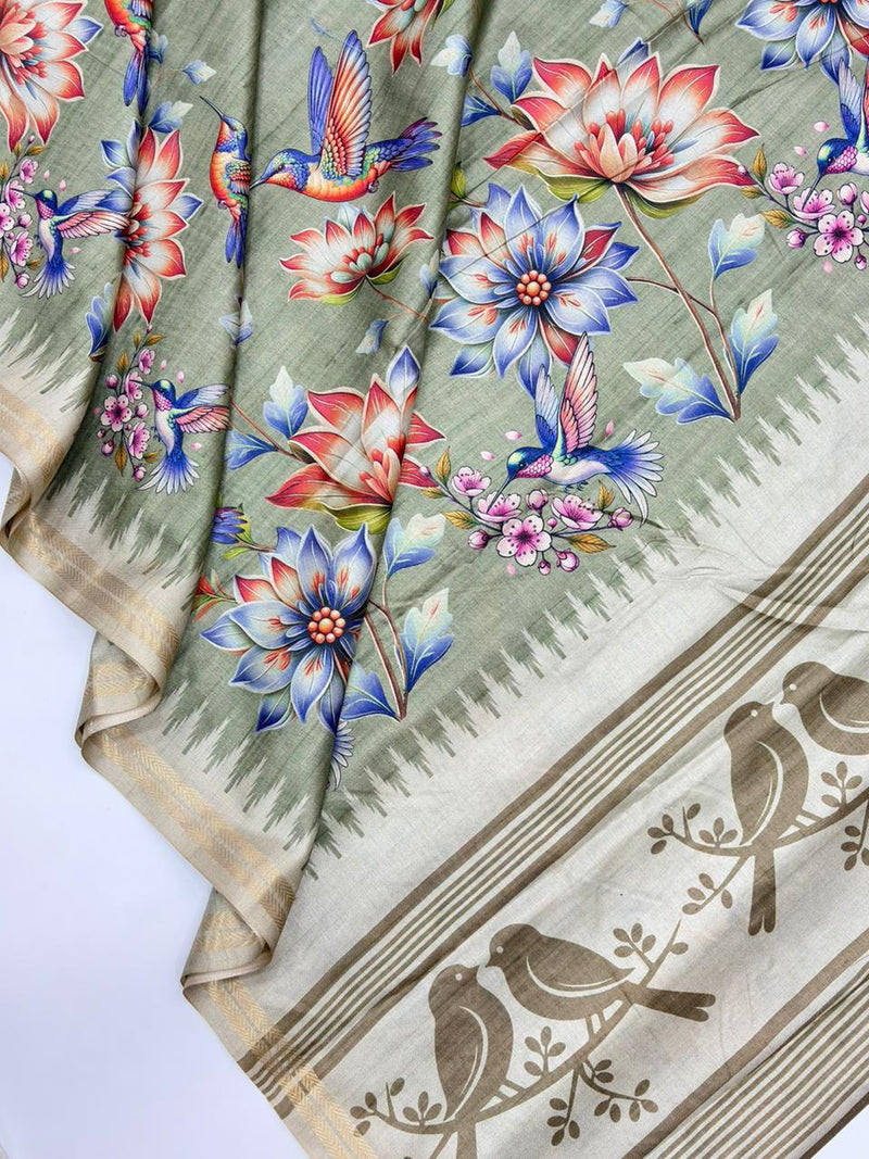 Sea Green Pure Soft Tussar Silk Saree