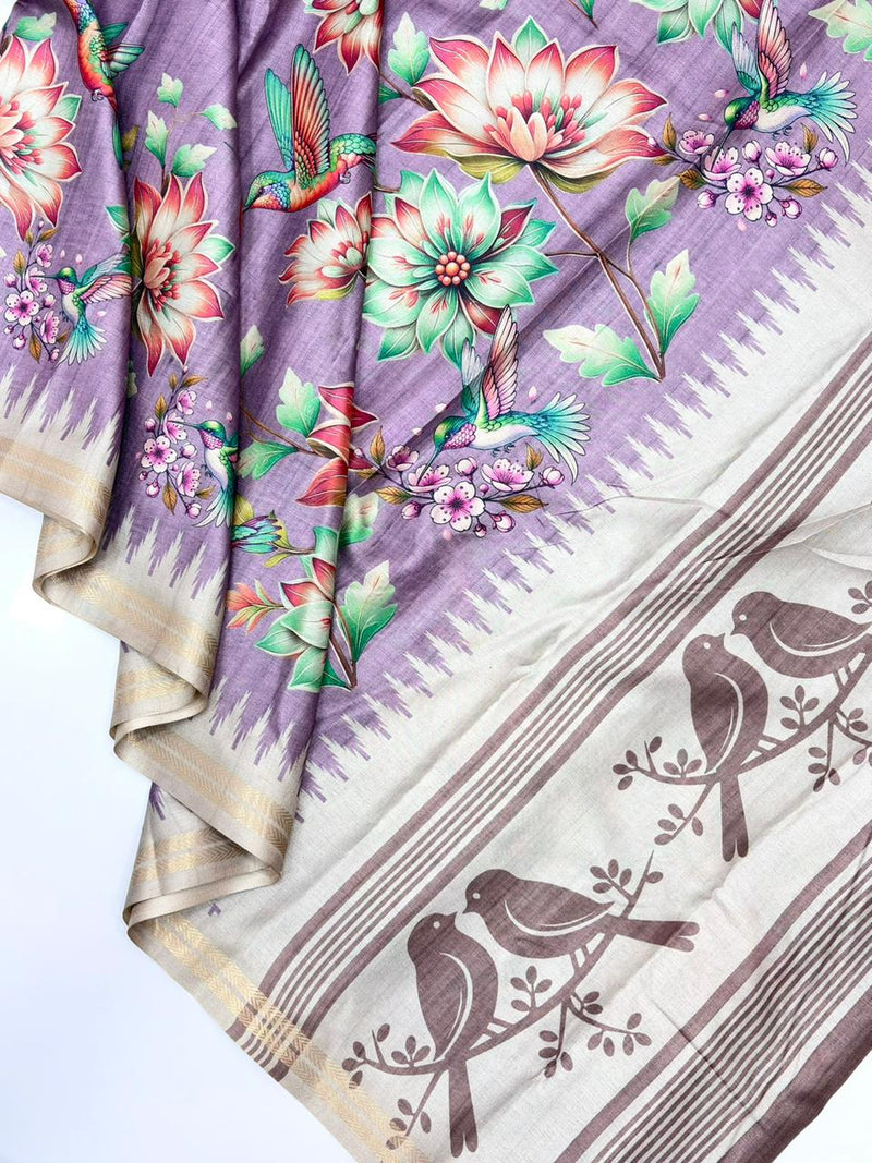 Lavender Pure Soft Tussar Silk Saree
