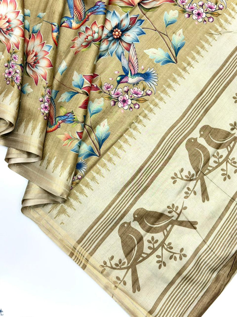 Light Brown Pure Soft Tussar Silk Saree