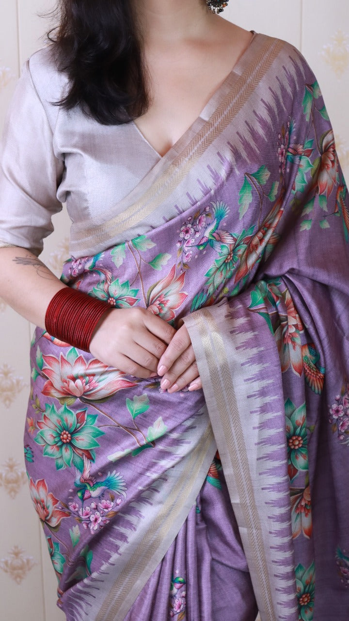 Lavender Pure Soft Tussar Silk Saree
