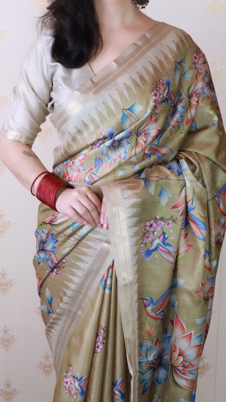 Light Brown Pure Soft Tussar Silk Saree