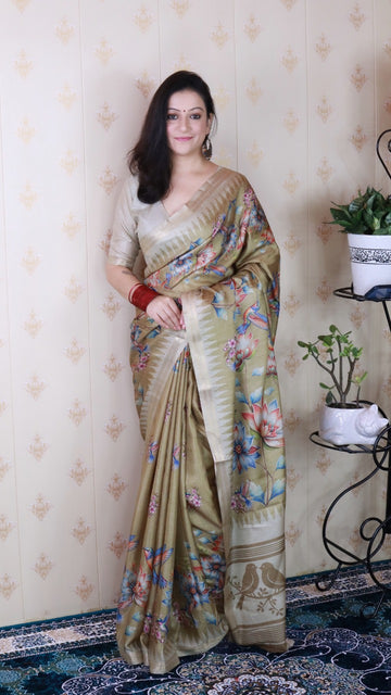 Light Brown Pure Soft Tussar Silk Saree