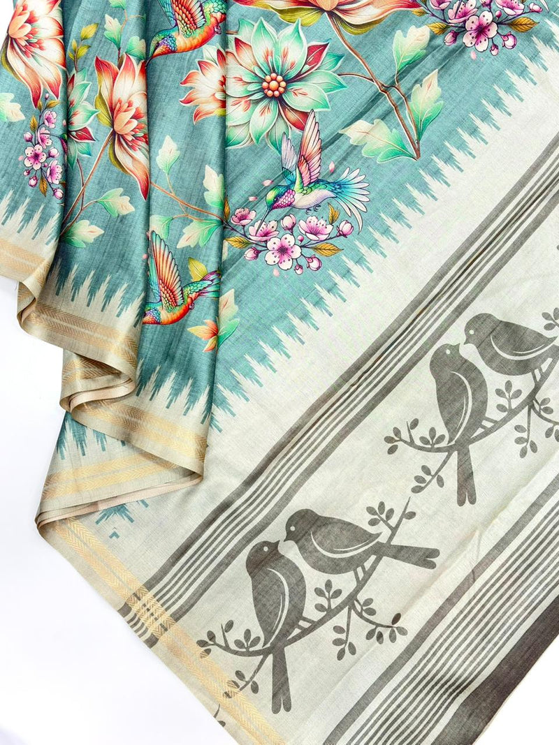 Teal Pure Soft Tussar Silk Saree