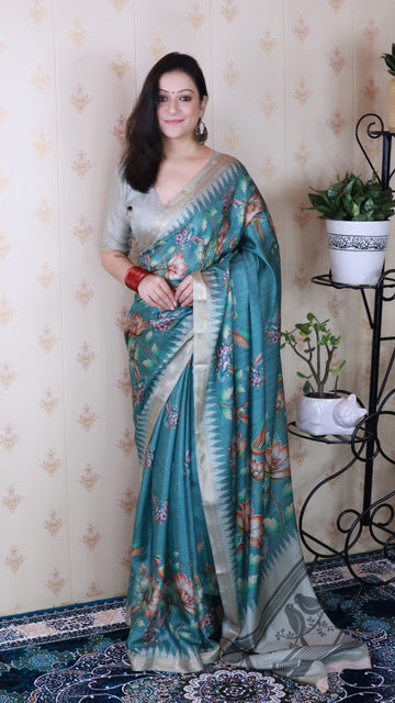 Teal Pure Soft Tussar Silk Saree
