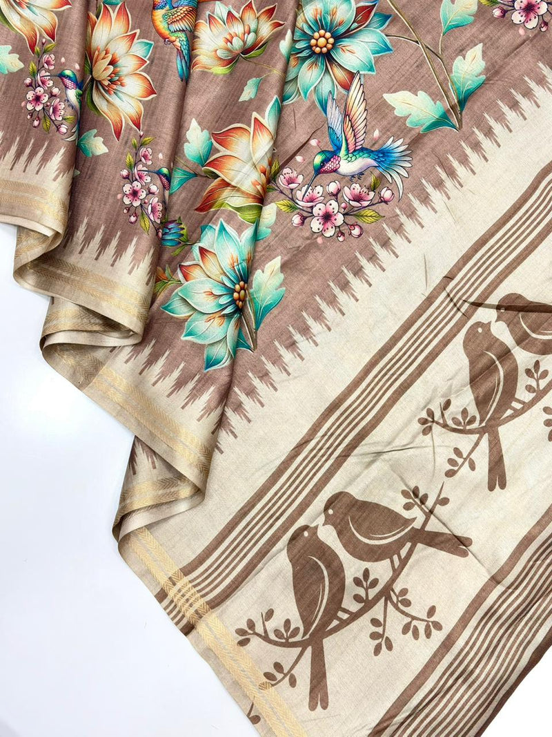 Brown Pure Soft Tussar Silk Saree
