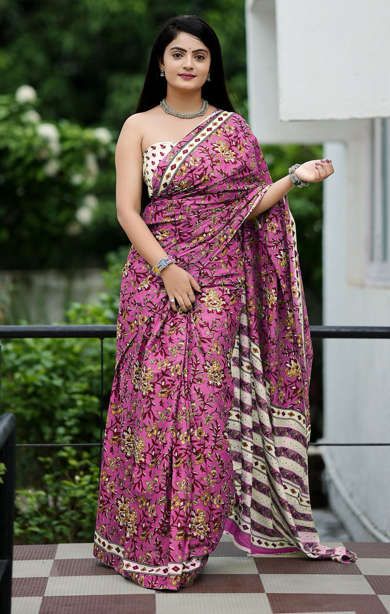 Pink Pure Soft Cotton Bagru Block Print Saree