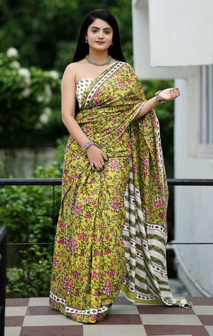 Yellow Pure Soft Cotton Bagru Block Print Saree Cotton saree Anant Tex Exports Pvt.Ltd..