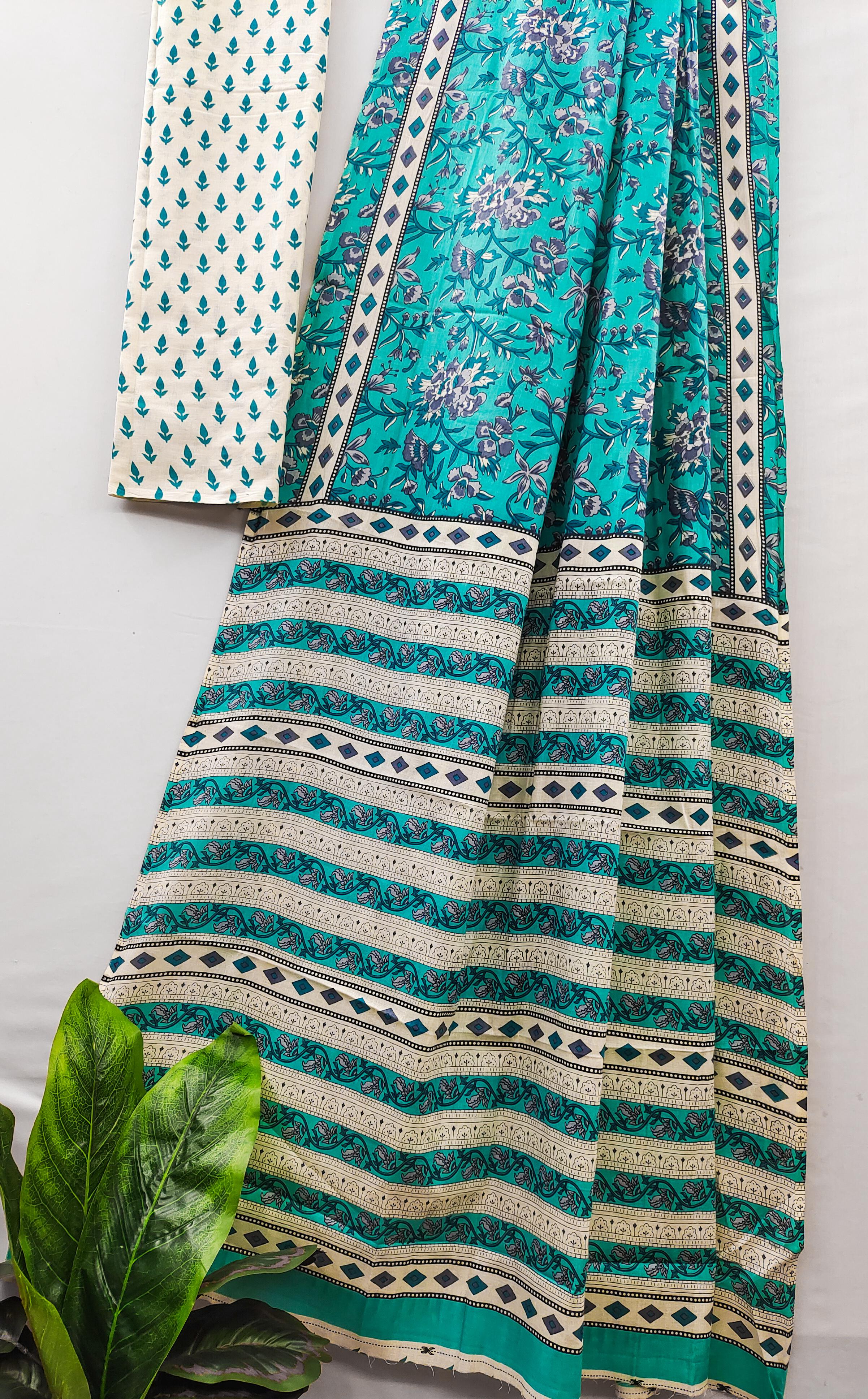 Turquoise Pure Soft Cotton Bagru Block Print Saree