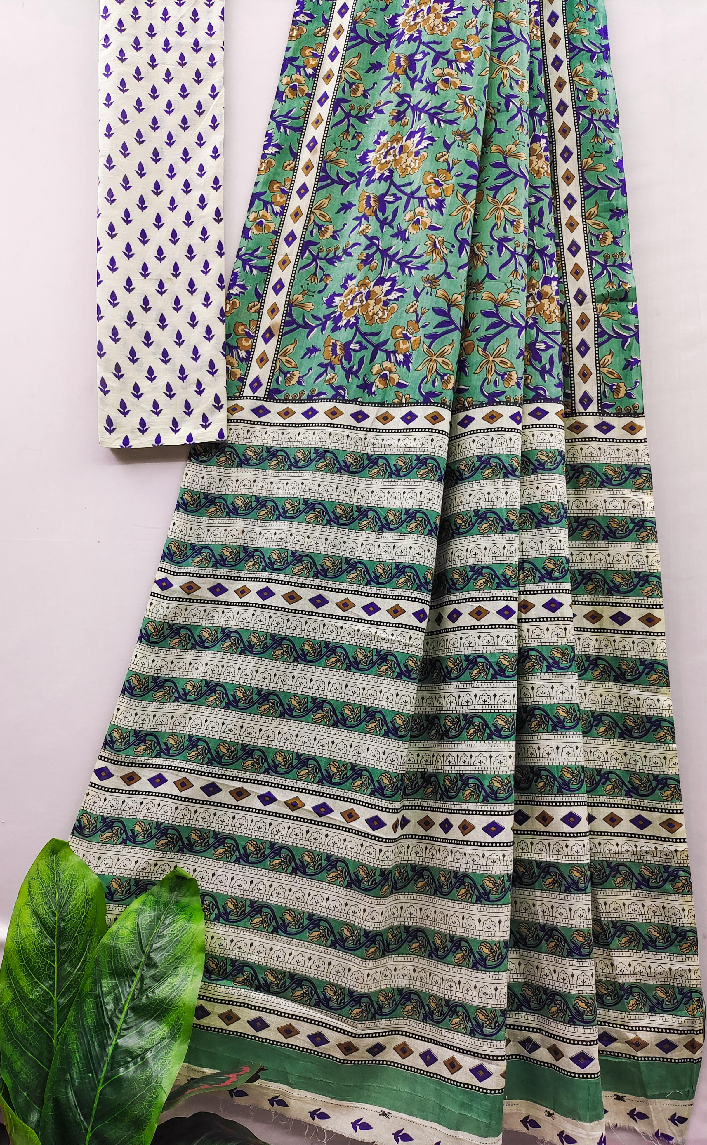 Green Pure Soft Cotton Bagru Block Print Saree