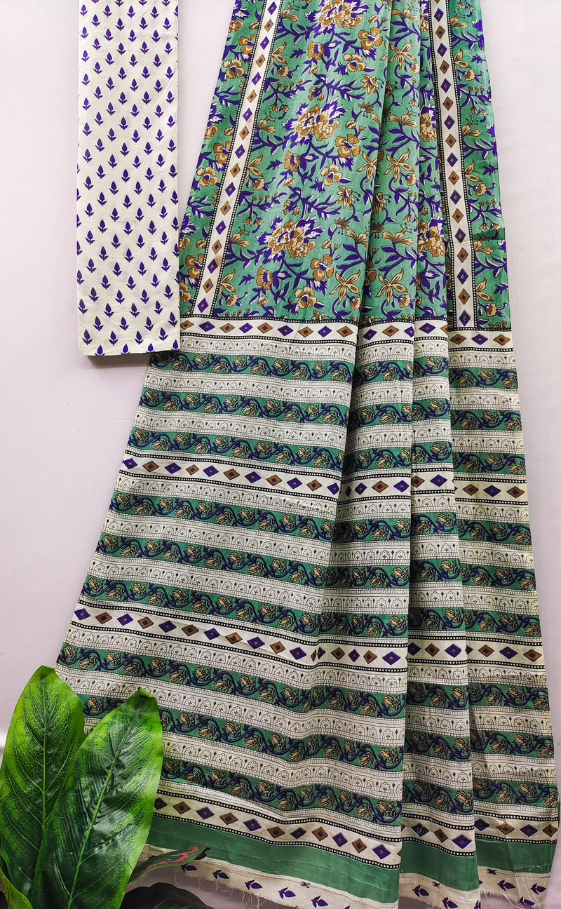 Green Pure Soft Cotton Bagru Block Print Saree