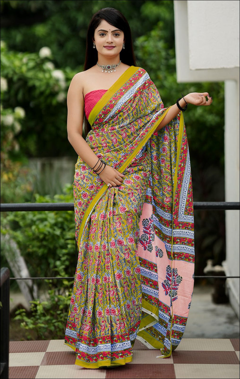 Yellow Pure Soft Cotton Bagru Block Print Saree
