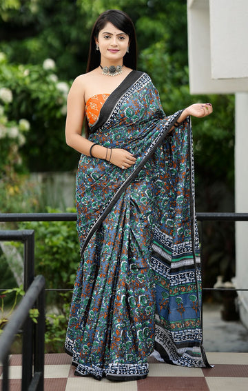 Grey Pure Soft Cotton Bagru Block Print Saree