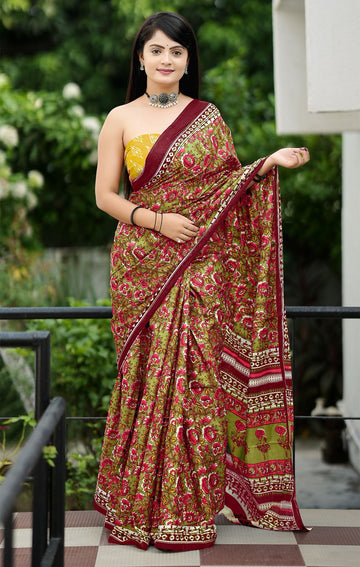 Maroon Pure Soft Cotton Bagru Block Print Saree