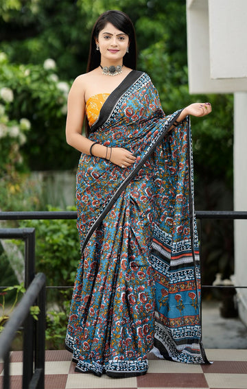 Grey Pure Soft Cotton Bagru Block Print Saree
