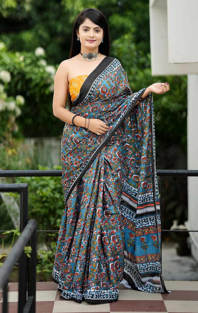 Grey Pure Soft Cotton Bagru Block Print Saree