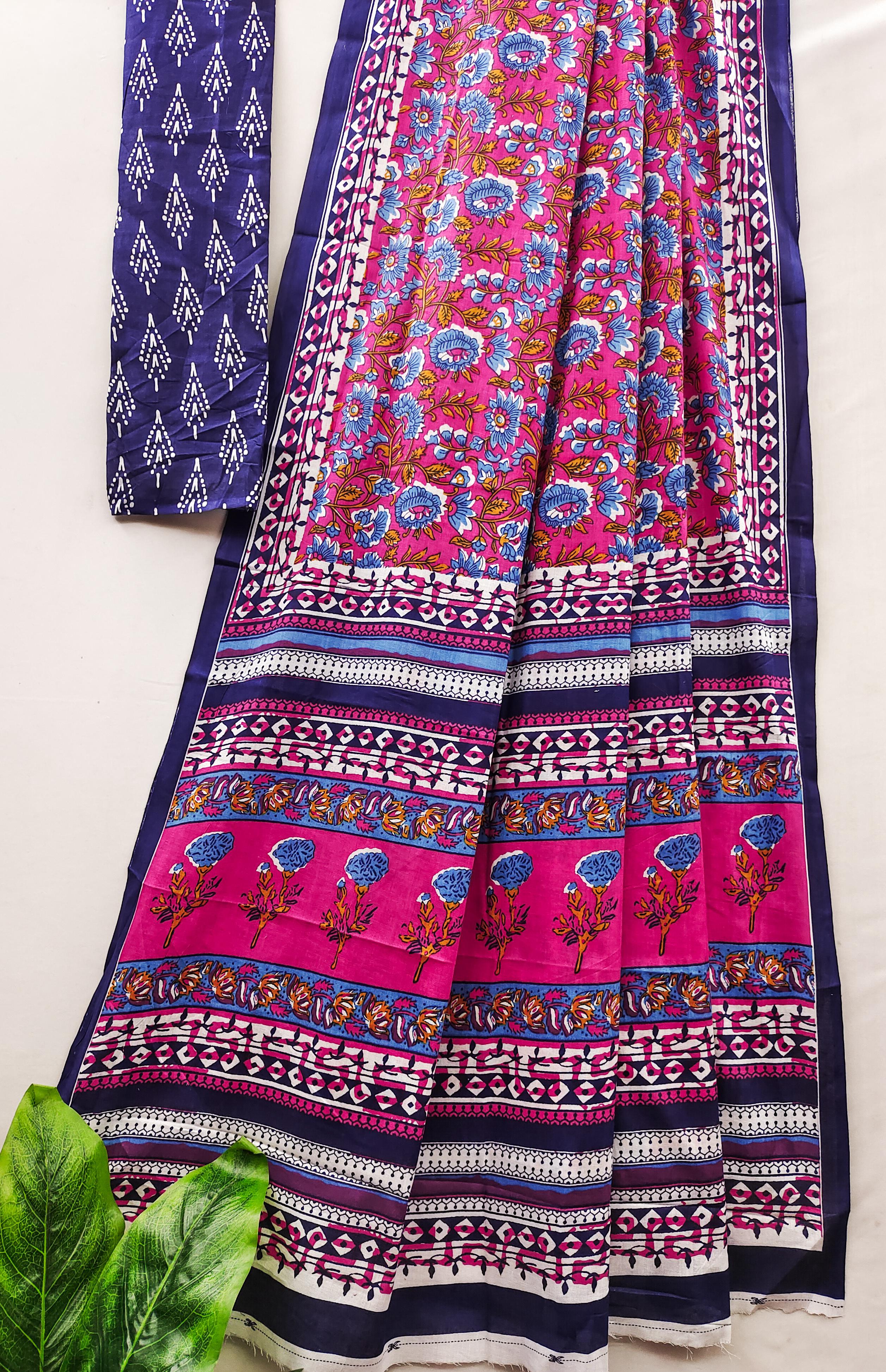 Lavender Pure Soft Cotton Bagru Block Print Saree