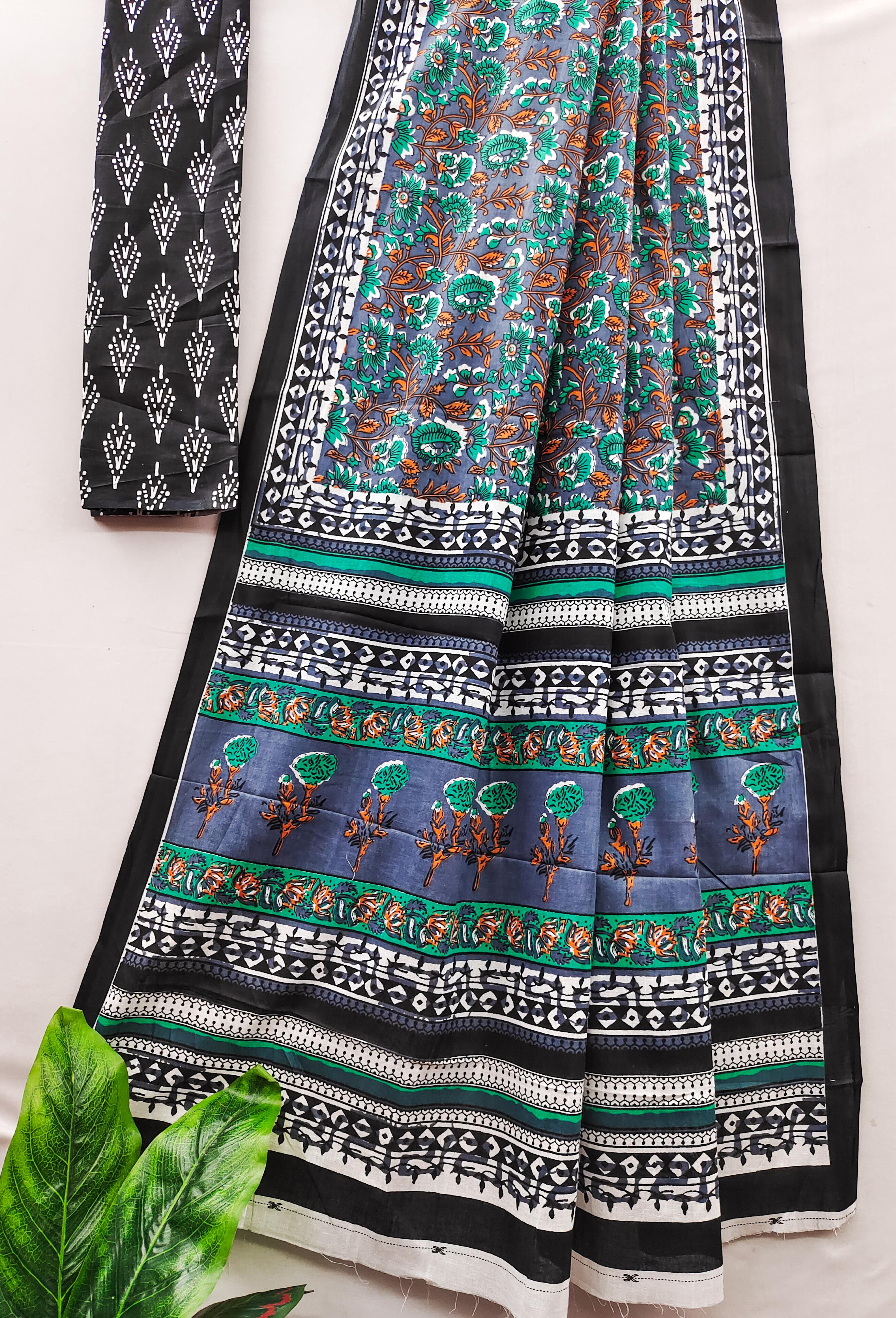 Grey Pure Soft Cotton Bagru Block Print Saree