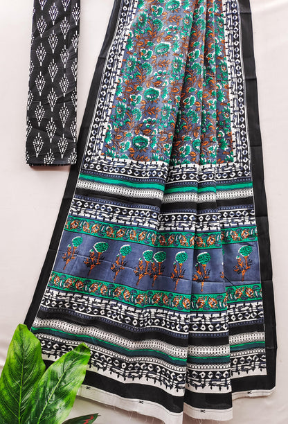 Grey Pure Soft Cotton Bagru Block Print Saree Cotton saree Anant Tex Exports Pvt.Ltd..
