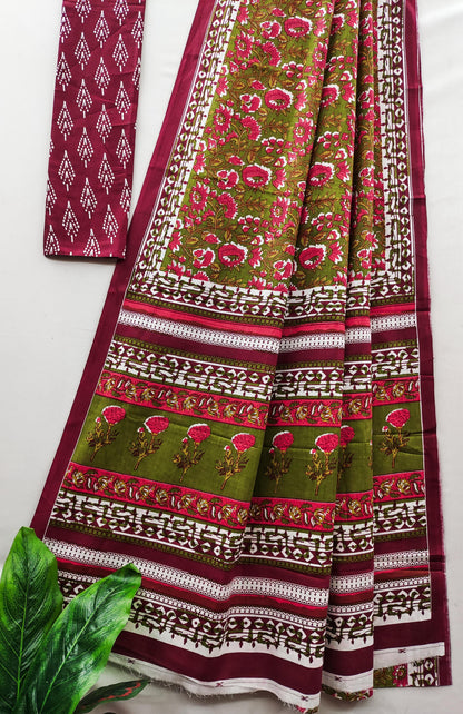 Maroon Pure Soft Cotton Bagru Block Print Saree Cotton saree Anant Tex Exports Pvt.Ltd..