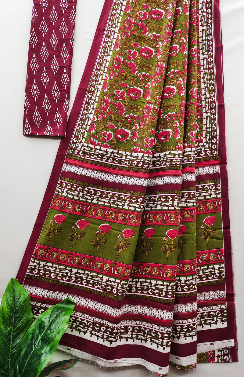 Maroon Pure Soft Cotton Bagru Block Print Saree