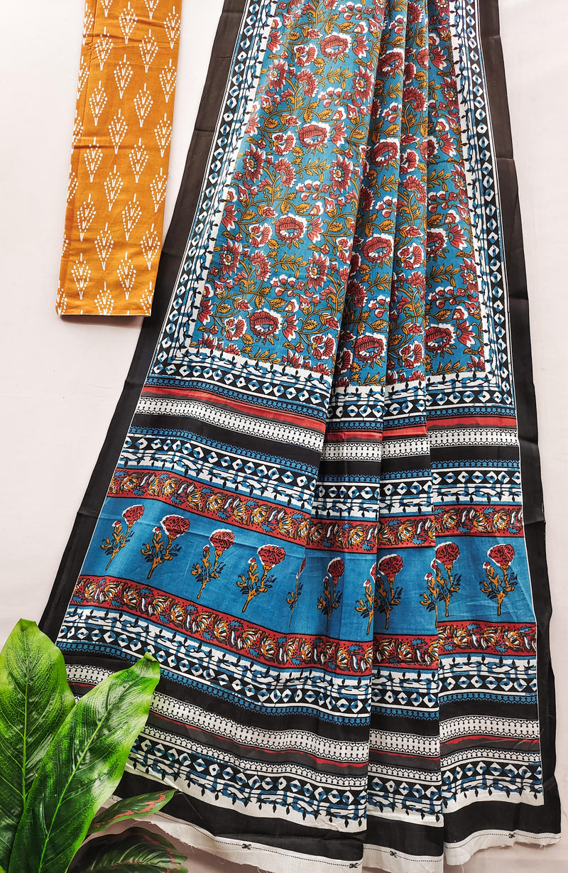 Grey Pure Soft Cotton Bagru Block Print Saree