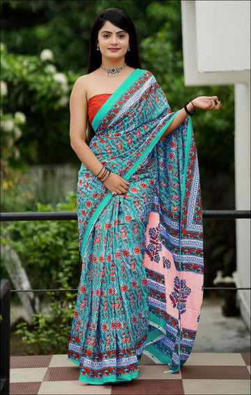 Green Pure Soft Cotton Bagru Block Print Saree