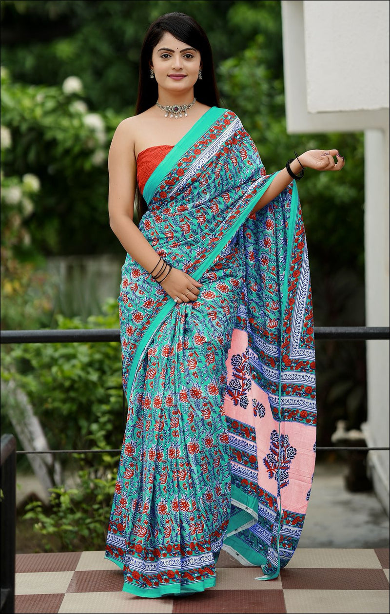 Green Pure Soft Cotton Bagru Block Print Saree