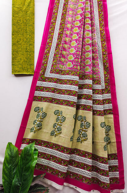 Pink Pure Soft Cotton Bagru Block Print Saree Cotton saree Anant Tex Exports Pvt.Ltd..
