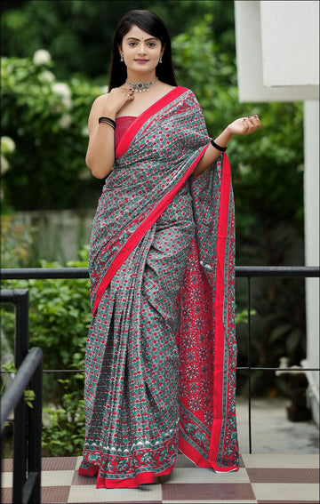 Grey Pure Soft Cotton Bagru Block Print Saree