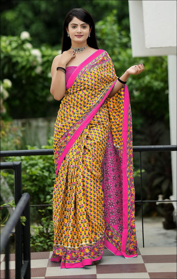Yellow Pure Soft Cotton Bagru Block Print Saree