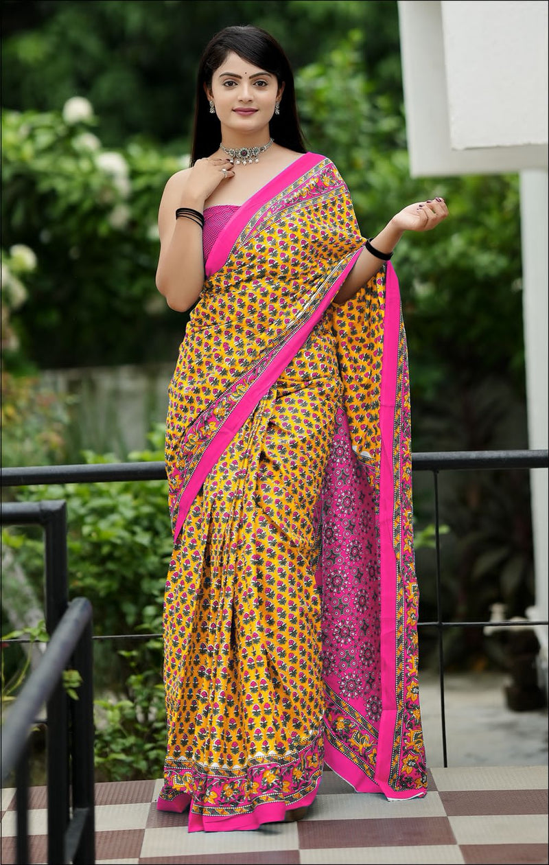 Yellow Pure Soft Cotton Bagru Block Print Saree