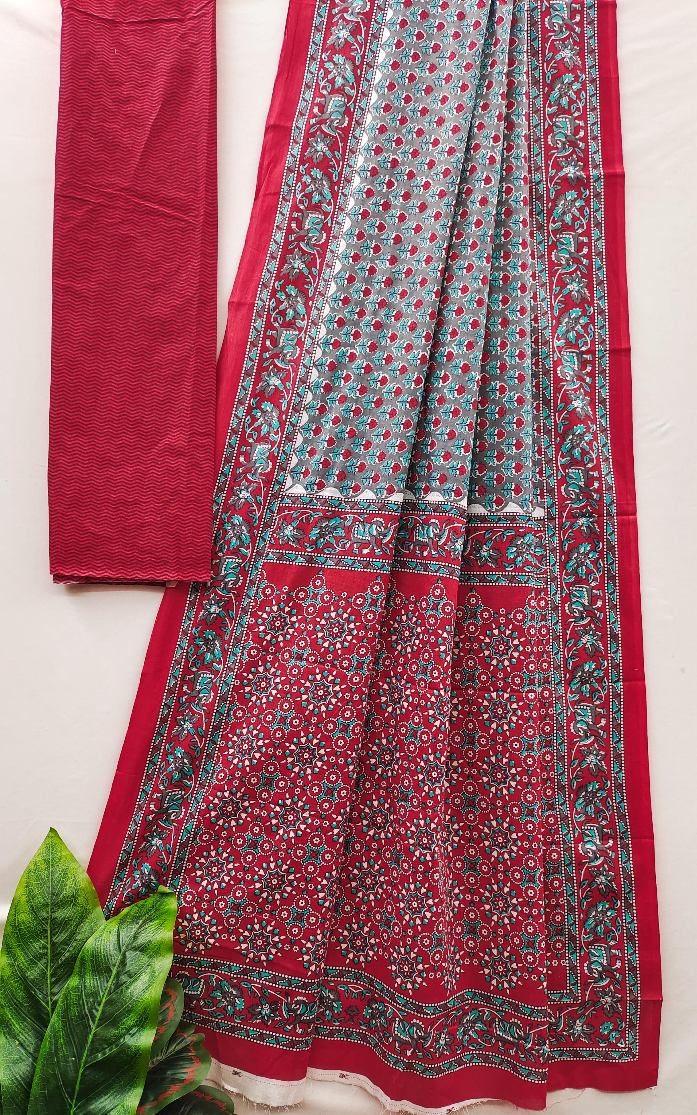Grey Pure Soft Cotton Bagru Block Print Saree