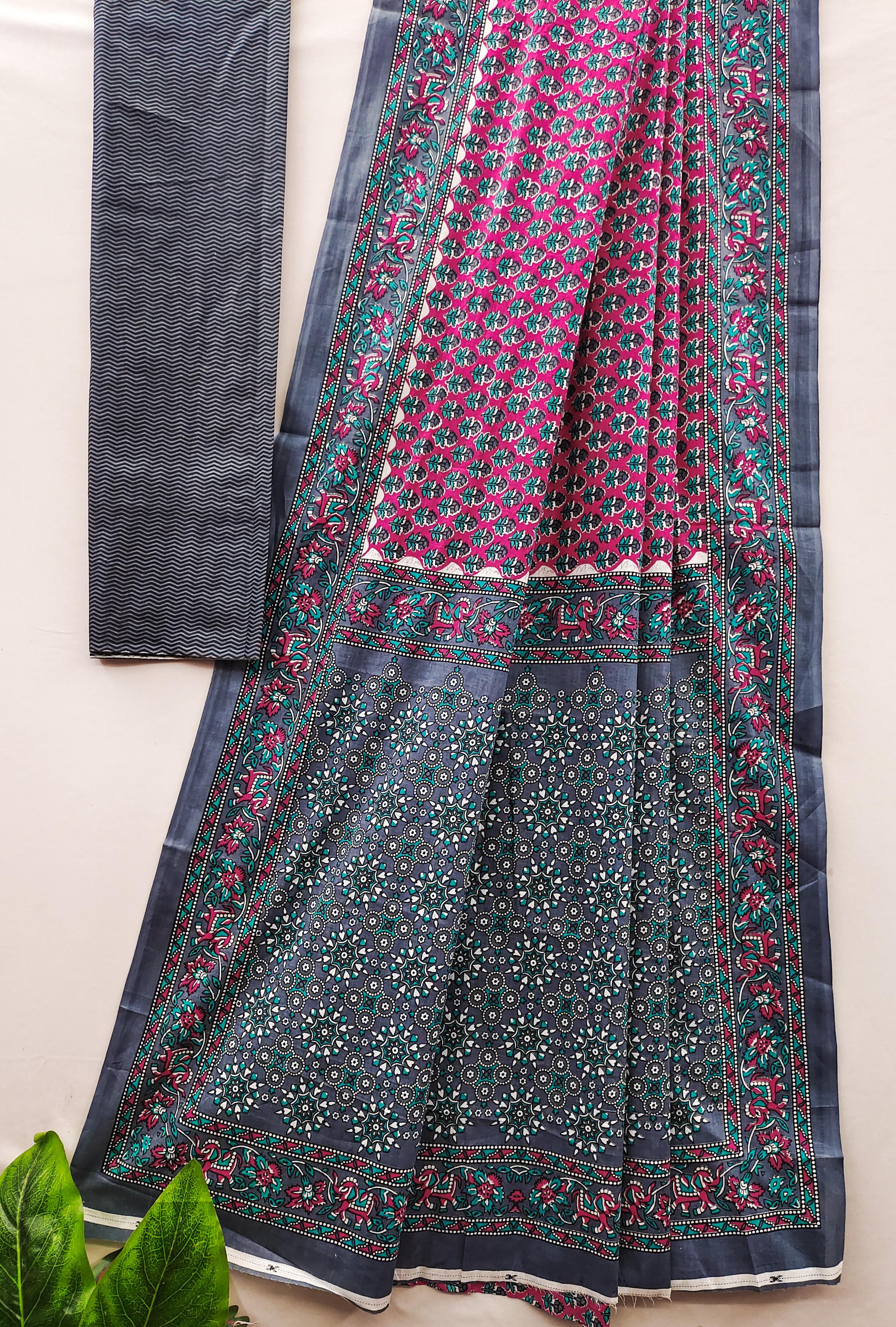 Pink Pure Soft Cotton Bagru Block Print Saree