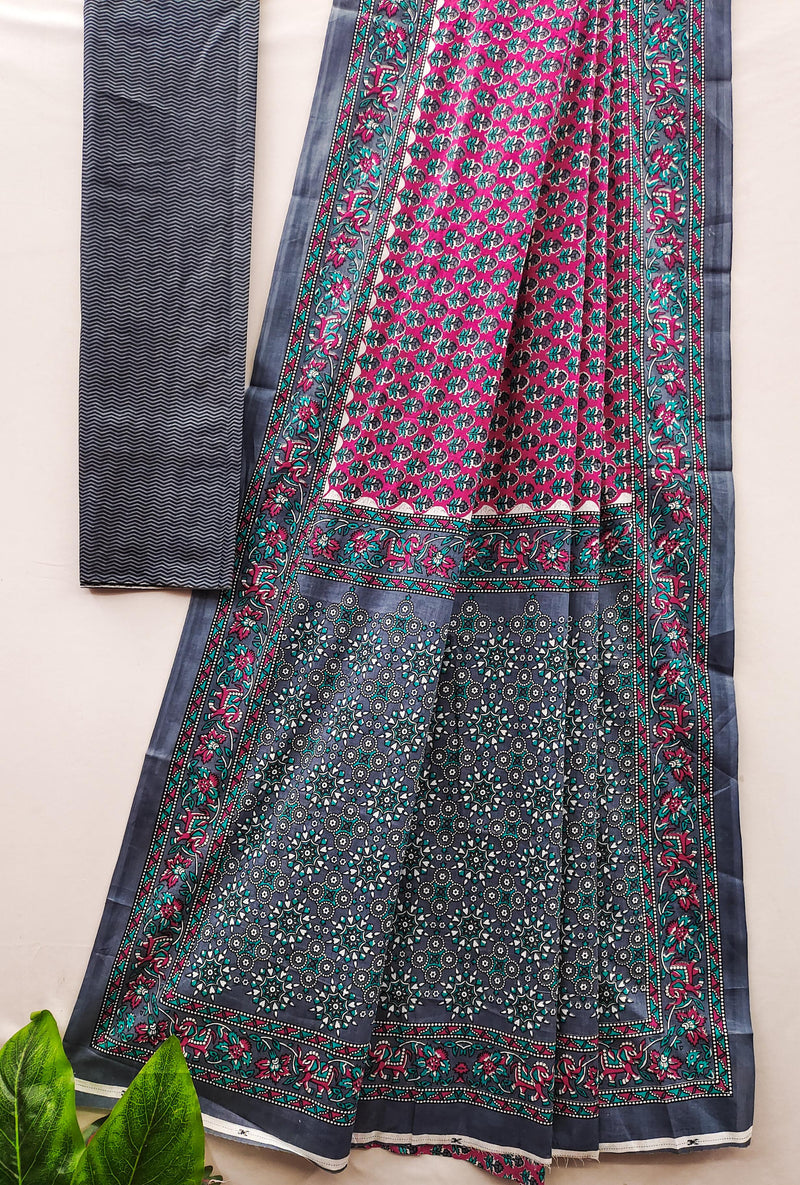 Pink Pure Soft Cotton Bagru Block Print Saree