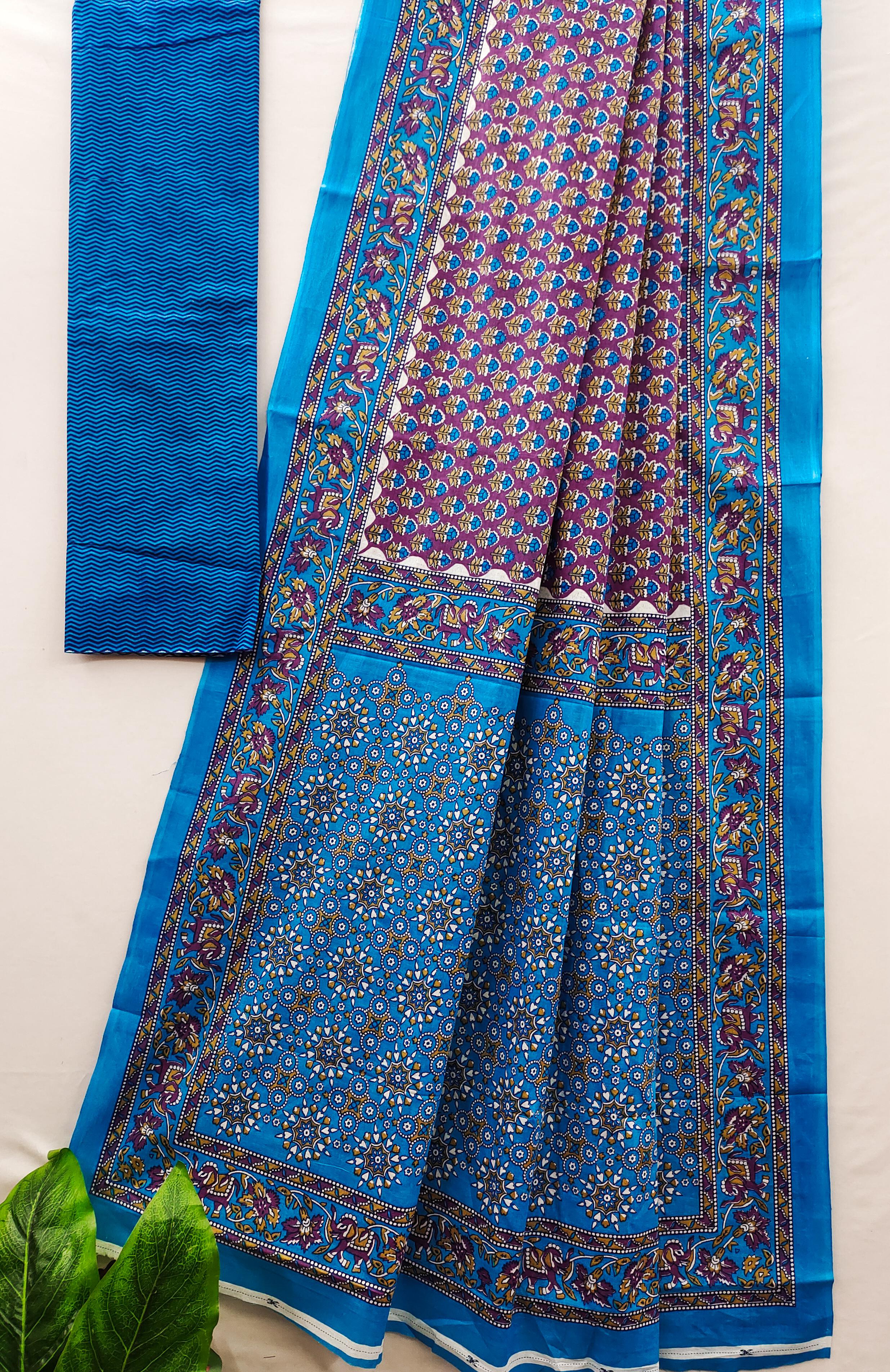 Purple Pure Soft Cotton Bagru Block Print Saree