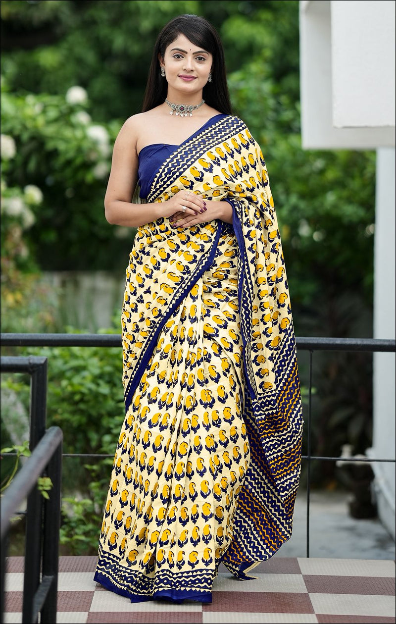 Yellow Pure Soft Cotton Bagru Block Print Saree