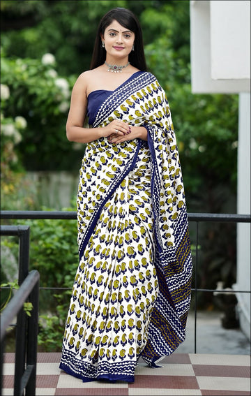 Green Pure Soft Cotton Bagru Block Print Saree