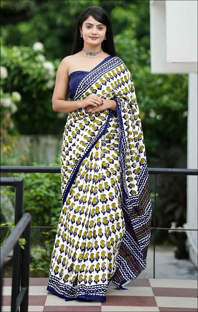 Green Pure Soft Cotton Bagru Block Print Saree