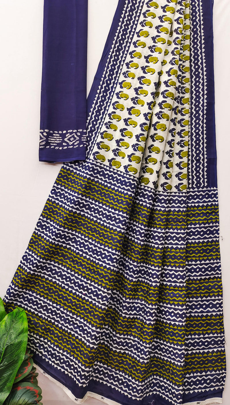 Green Pure Soft Cotton Bagru Block Print Saree