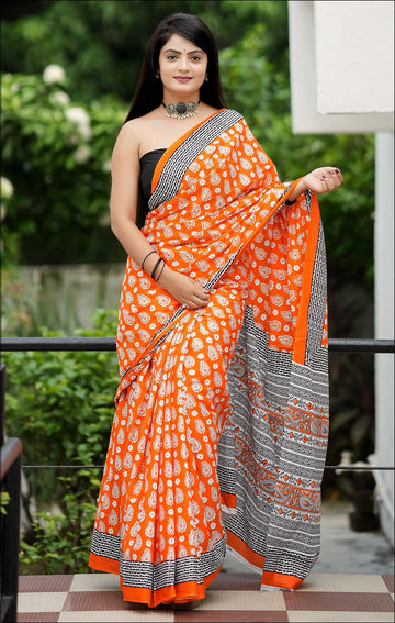 Orange Pure Soft Cotton Bagru Block Print Saree