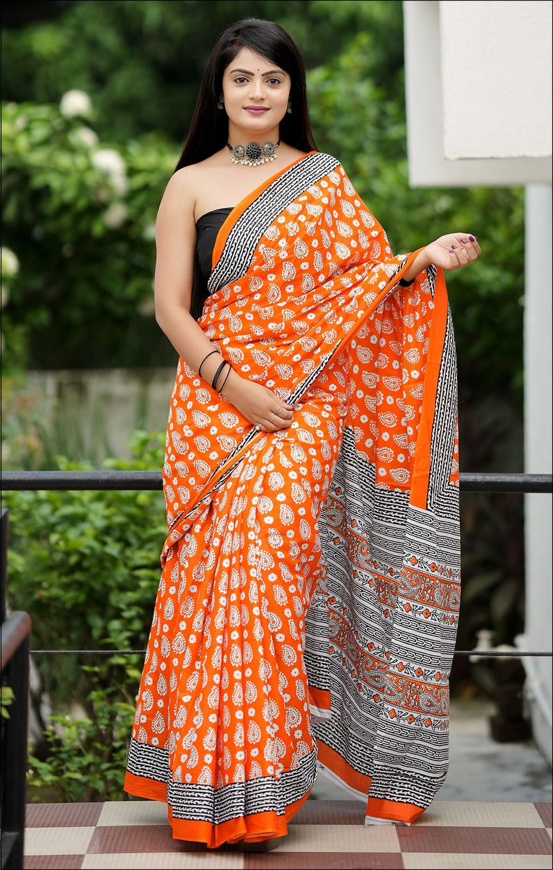 Orange Pure Soft Cotton Bagru Block Print Saree