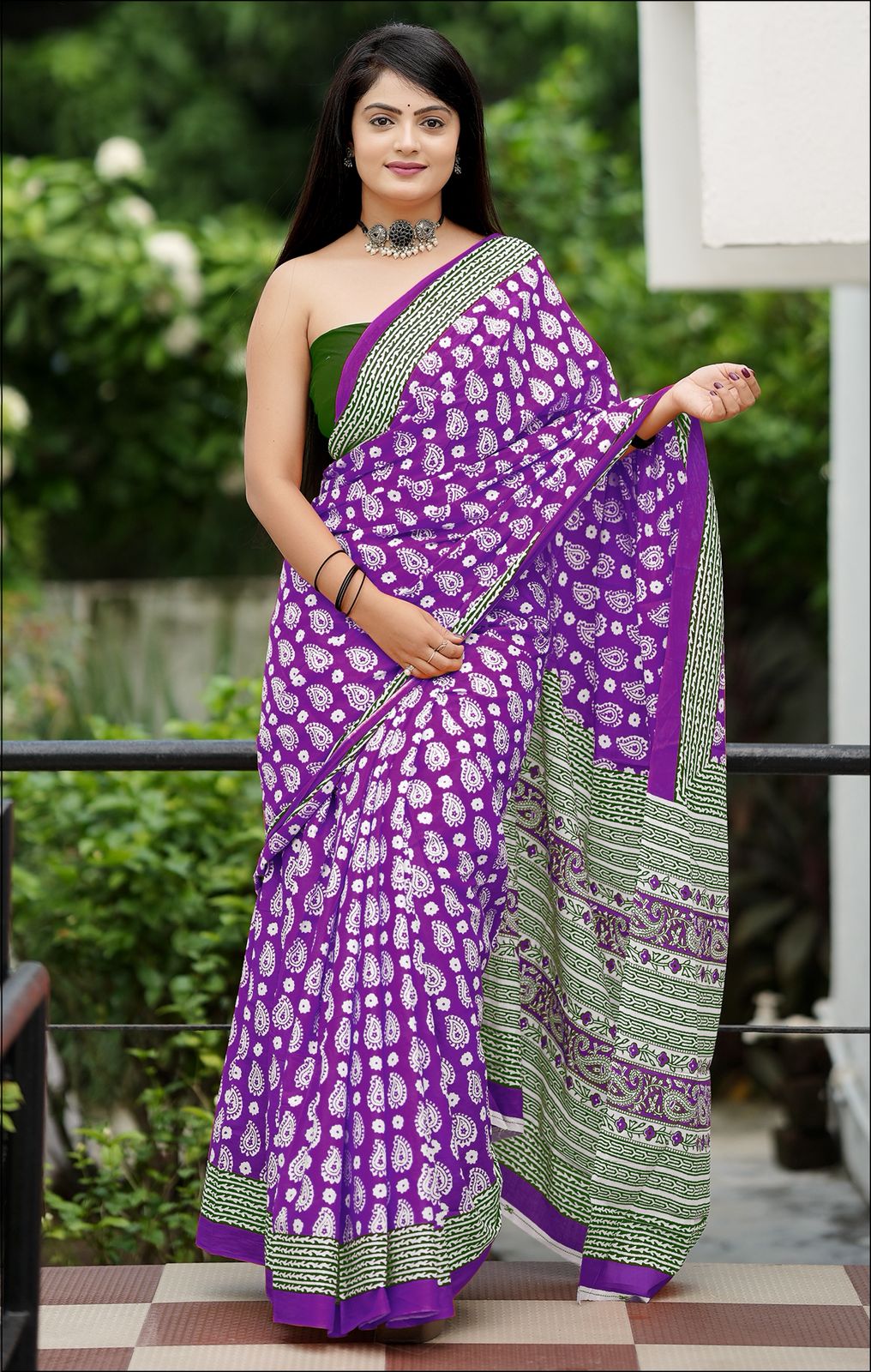 Purple Pure Soft Cotton Bagru Block Print Saree