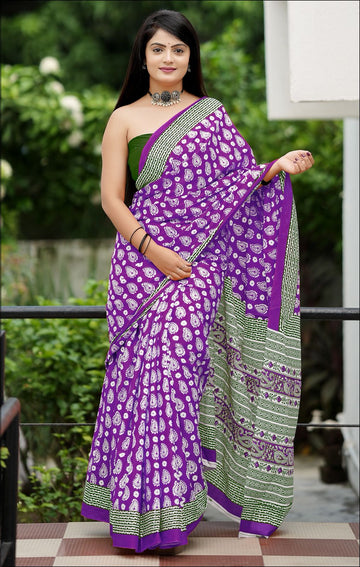 Purple Pure Soft Cotton Bagru Block Print Saree