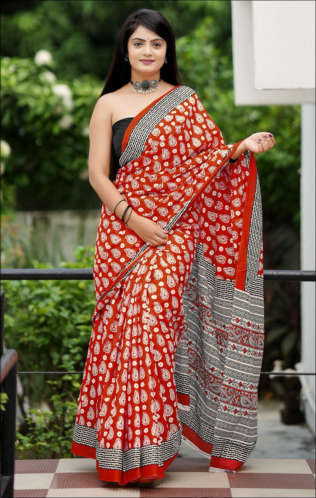 Rust Red Pure Soft Cotton Bagru Block Print Saree