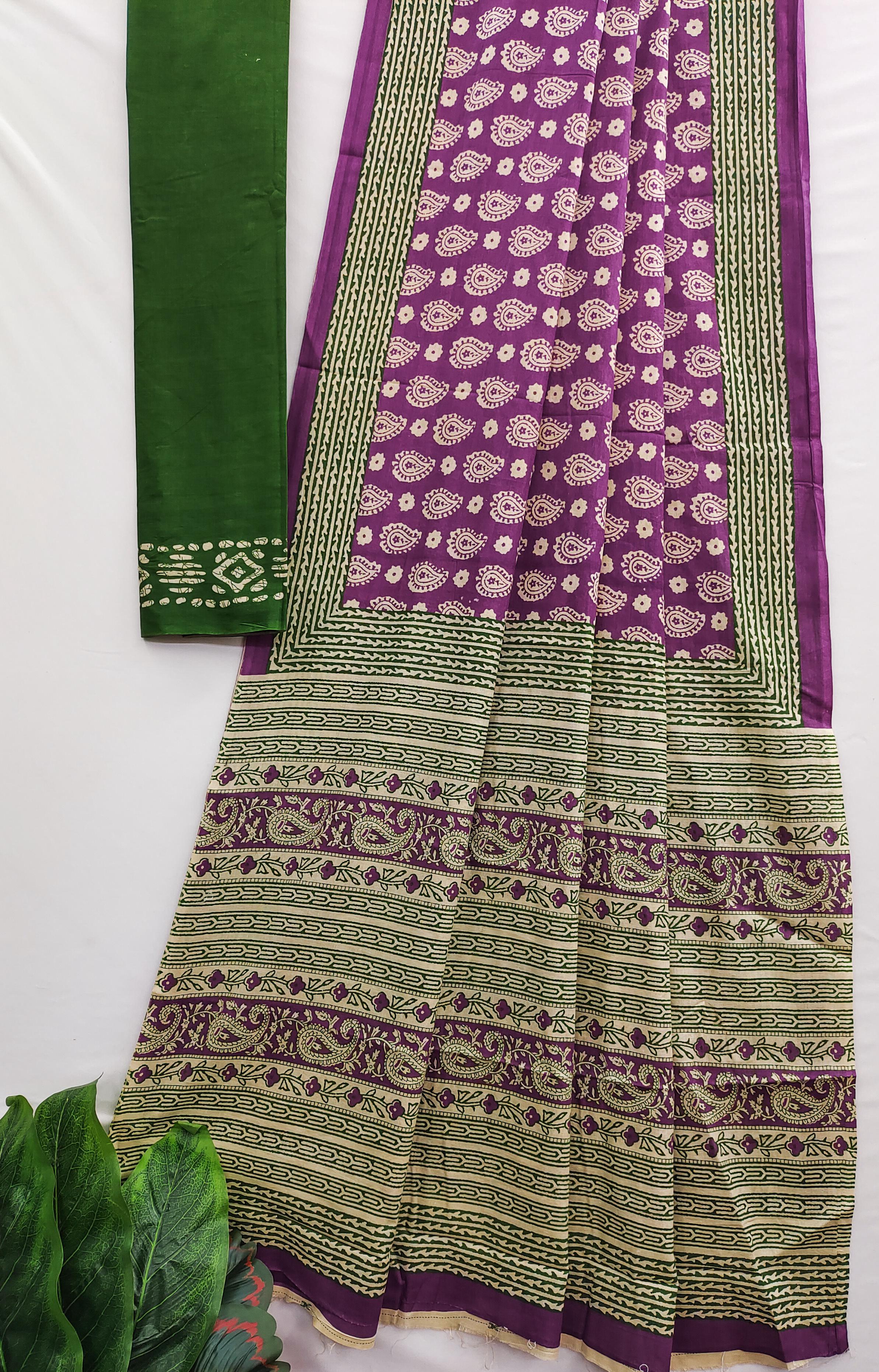 Purple Pure Soft Cotton Bagru Block Print Saree