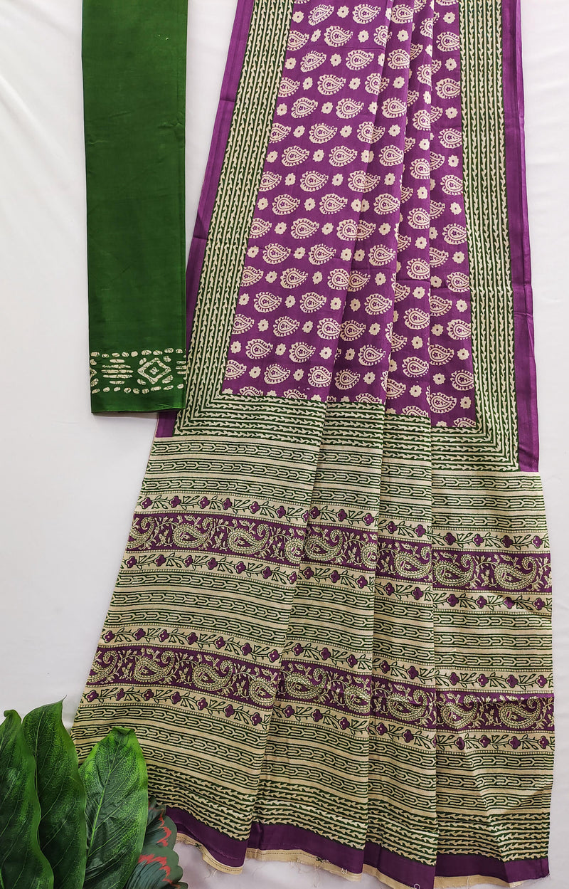 Purple Pure Soft Cotton Bagru Block Print Saree