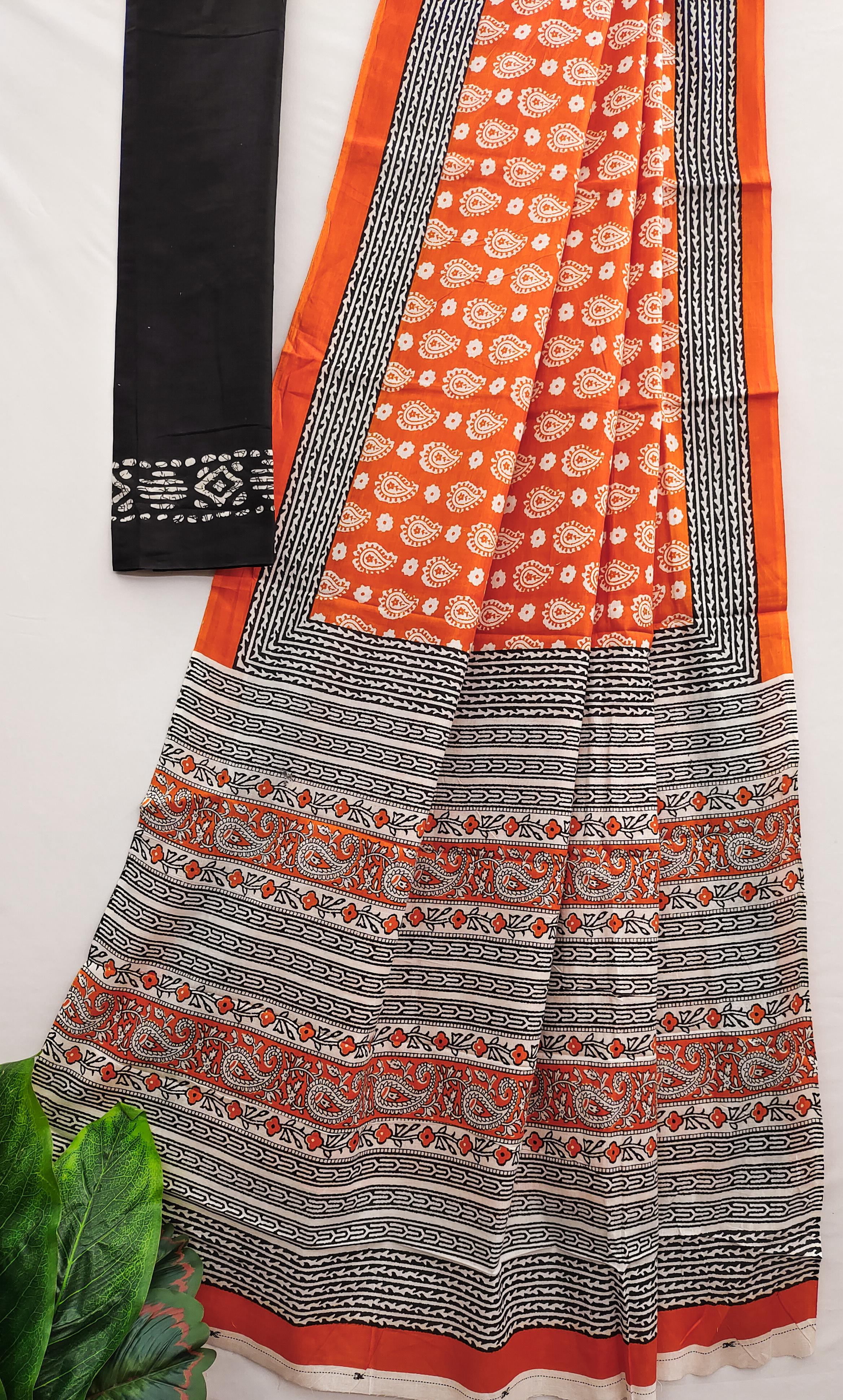 Orange Pure Soft Cotton Bagru Block Print Saree