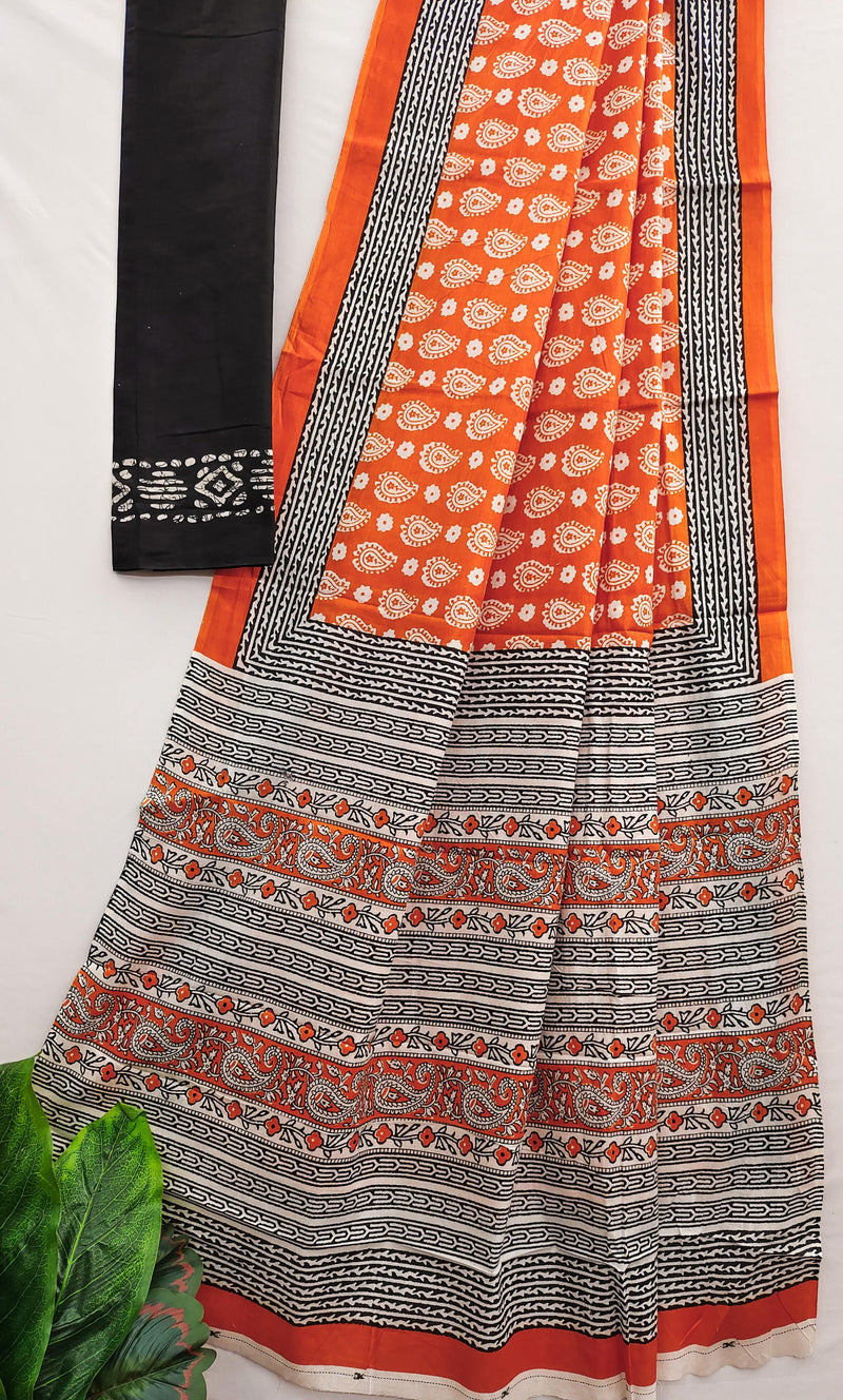 Orange Pure Soft Cotton Bagru Block Print Saree