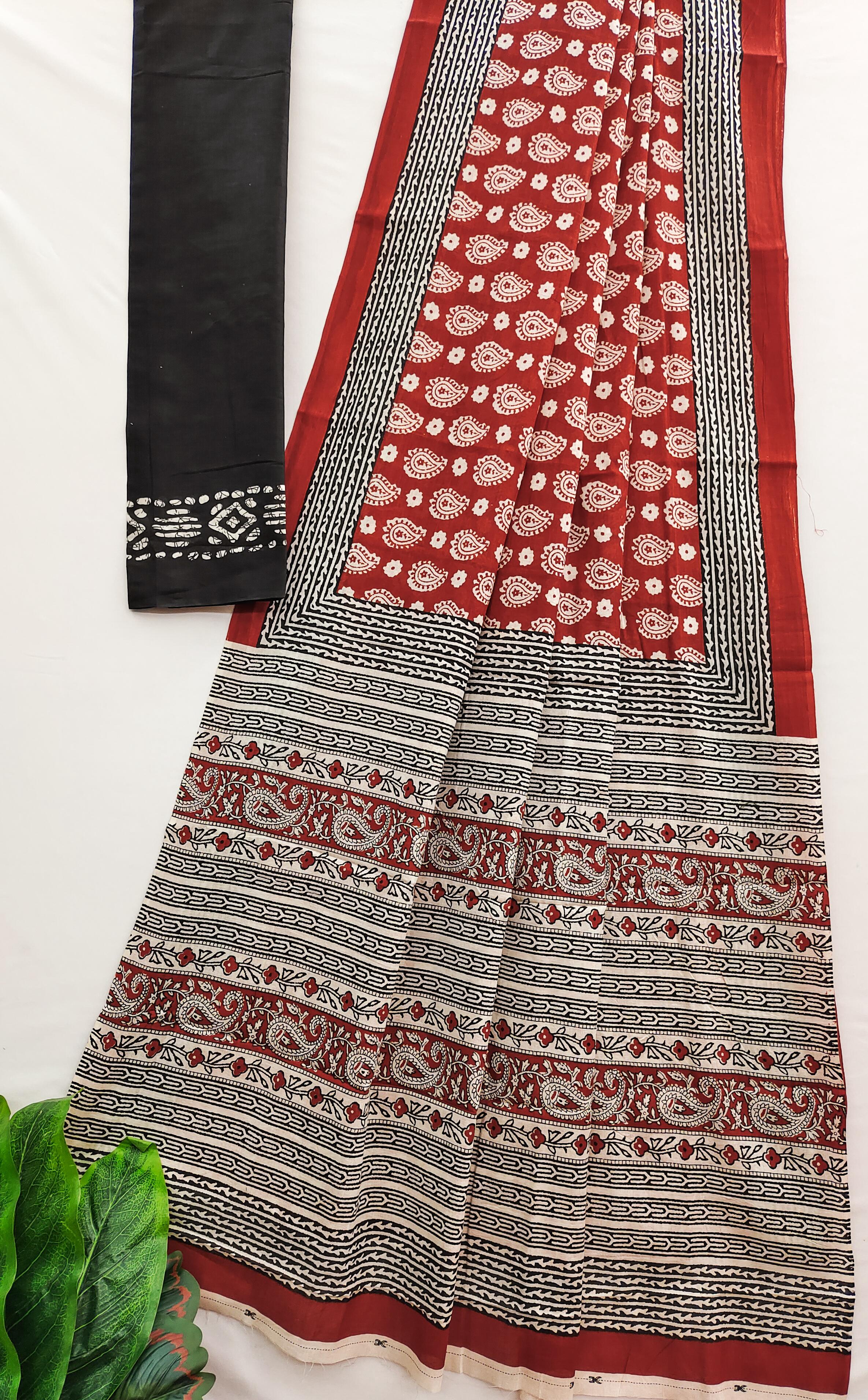 Rust Red Pure Soft Cotton Bagru Block Print Saree